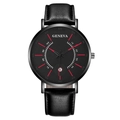Montre à quartz Geneva pour hommes avec bracelet en cuir noir et index rouges nets - Aiguilles Rouges Cadran Noir Boîtier Noir Bracelet Noir