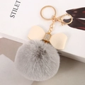Grey faux rabbit fur pom pom keychain with beige leather bow and gold clasp - Light Grey - Litchi Bow