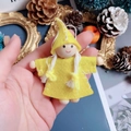 Handmade yellow felt doll ornament with wooden bead head and white braids for Xmas - Yellow Felt Knit Hat Small Doll (A8)