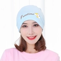 Light blue knit postpartum beanie for women with Freetime print and fox cartoon - Little Fox / Blue