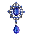 Vintage silver brooch pin with elegant blue crystal rhinestones in leaf patterns - Royal Blue