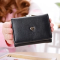 Petit portefeuille noir pour femme avec motif litchi et boucle coeur dorée style doux - Noir