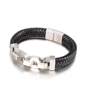 Men's braided black leather bracelet with silver stainless steel chain links and buckle - 19cm / Brushed Steel Style (KB139635-KFC)
