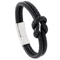 Bracciale hip hop uomo in pelle intrecciata nera con chiusura magnetica in acciaio argento - Pelle Nera + Fibbia in Acciaio