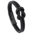 Bracciale da uomo in pelle nera intrecciata a doppio filo con chiusura magnetica nera - Pelle Nera + Fibbia Nera
