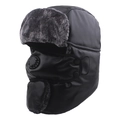 Black leather trapper hat with gray faux fur lining and integrated mask with breathing valve - Breathing Valve Mask Style / Black