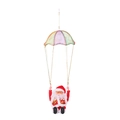 Close-up of electric somersaulting Santa Claus hanging from a colorful parachute toy - Parachute Santa
