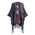 Damen Herbst Winter Schal mit Farblock-Muster, geometrischen Streifen und Fransen - Kariert Fransen Marineblau Rot