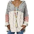 Detail of color block cable knit hoodie with grey, white and pink textured patterns - S / Grey + White