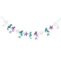 Glittery mermaid theme party banner with seahorse and starfish cutouts on a white background - Small Mermaid Banner (Approx. 1m)