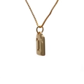 Detailed view of a gold-plated copper rectangle pendant with engraved letter T on a box chain - Letter T