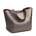 Bronze lychee grain tote bag with large capacity and vibrant orange inner lining - Antique Bronze