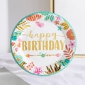 Piatto di carta boho turchese da 7 pollici con piume in lamina d'oro e fiori - Stile 5-Piuma Tropicale