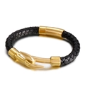 Pulsera para hombre de cuero trenzado negro con cierre de metal dorado pulido - 21cm / Dorado