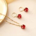 Elegant gold necklace and earring set with red round crystal pendants in cross frames - 3# Red Set