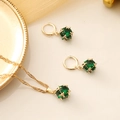 Elegant gold necklace and earrings set with square emerald green crystals on white - 1# Green Set