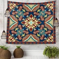 Detailed close-up of a blue ethnic mandala tapestry hanging on a grey concrete wall - 150x130cm / Style 2