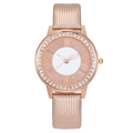 Rose gold fashion watch for women with round rhinestone bezel and snake texture metal strap - Beige