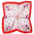Square satin scarf with red borders and purple floral print in a swirl arrangement - Red Narcissus