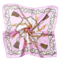 Pink and white satin square scarf with golden tassel and chain patterns for women - Pink Chain