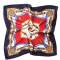 50x50cm square satin silk scarf with vintage chain and equestrian print in navy and red - Classical Equestrian Chain Style (Style 2)
