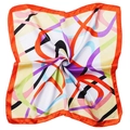 Cream satin square scarf featuring orange abstract patterns and vibrant orange edges - Orange
