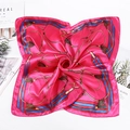 Elegant 50cm pink satin square scarf with equestrian print and red blue striped borders - Rose Red