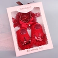 Infant gift set featuring a red crown headband and matching sequined socks in a pink box - Red Crown