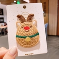 Barrette de Noël renne tricotée main avec nez rouge et grelot sur carte blanche - Renne Tricoté