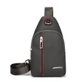 Close-up of small dark grey nylon chest bag with red stitching and durable zipper - Grey 03