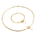 Gold stainless steel link chain jewelry set with white pearls and toggle clasp closure - Gold Set (KS136628-Z)