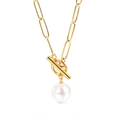 Elegant gold necklace with chunky links and a white pearl drop featuring an OT toggle clasp - Gold Necklace (KN115147-Z)