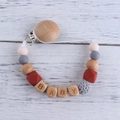Baby pacifier clip with beech wood and silicone beads in grey and red tones - Light Coffee