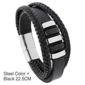 Men's multi-layer black woven leather bracelet with steel-colored magnetic clasp 22.5cm - 22.5CM / Steel + Black