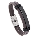 Minimalist brown leather men's bracelet with black metal plate and steel buckle - Brown Leather + Black