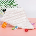 White baby security blanket with 3D minky fabric and colorful sensory ribbon tags - White