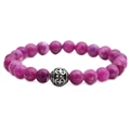 Macro detail of natural purple beaded bracelet with silver cross bead on white background - Fuschia