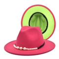Chapeau fedora en feutre fuchsia avec doublure vert citron et perles pour femme - M (56-58cm) / Rose Vif + Vert Pomme