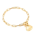 Gold-plated pin chain bracelet with smooth heart pendant and T-bar toggle clasp on white background - Gold Bracelet (KB139662-Z)