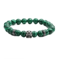 Pulsera de cuentas malaquita verde 8mm con calavera de plata vintage y espaciadores - Plateado