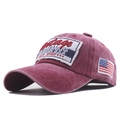 Vintage washed cotton baseball cap in burgundy with retro American flag embroidery - Red