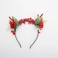 Christmas reindeer antler headband with red roses and pine cones on a black base - Red Rose with Pine Needles Style / Size 7