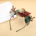 Fashion Christmas headband with brown reindeer antlers and vintage red flower berries - Dark Red Flowers with Pinecone / 17#