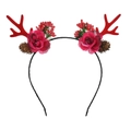 Christmas headband featuring red reindeer antlers, fabric roses, and natural pinecones - Red Antlers with Roses / 21#