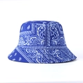 Detail of royal blue paisley bandana bucket hat with white pattern and stitch texture - M / Blue
