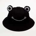 Kids black frog bucket hat with cute cartoon eyes and embroidered smile sun protection cap - Black