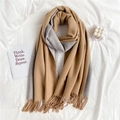 Thick warm camel and gray double-sided cashmere-like scarf with fringe detail - Khaki and Grey