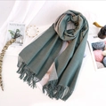 Sage green and gray reversible cashmere-feel scarf with elegant fringe details - Army Green + Grey