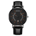 Fashionable men's quartz watch with black leather strap and calendar display - Orange Hands Black Dial Black Case Black Band