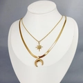 Collana doppia dorata con ciondoli a stella e luna e catena a serpente in stile minimal - Esagramma Stella Luna / Oro